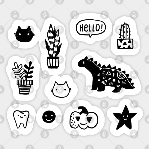 Funny set with cat, dino, pumpkin, tooth, star, plant, cacti Sticker by kostolom3000